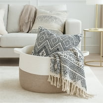 PinkSheep Laundry Basket, 80L Collapsible Woven Cotton Rope Laundry Hamper Storage Baskets with Handles, Brown White