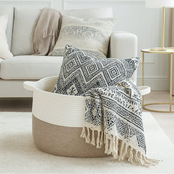 PinkSheep Laundry Basket, 80L Collapsible Woven Cotton Rope Laundry Hamper Storage Baskets with Handles, Brown White