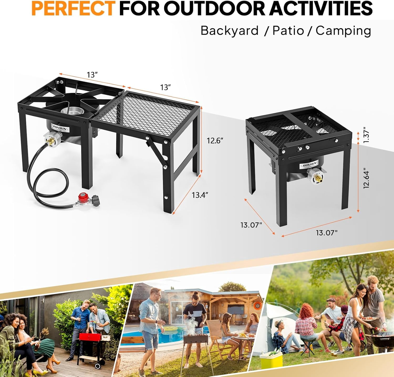 TUFFIOM 100,000 BTU Propane Stove with Foldable Side Shelf, Single Burner Gas Stove for Outdoor Cooking with Regulator, Perfect for Camping, Tailgating, Turkey Frying, Seafood Boiling & Home Brewing