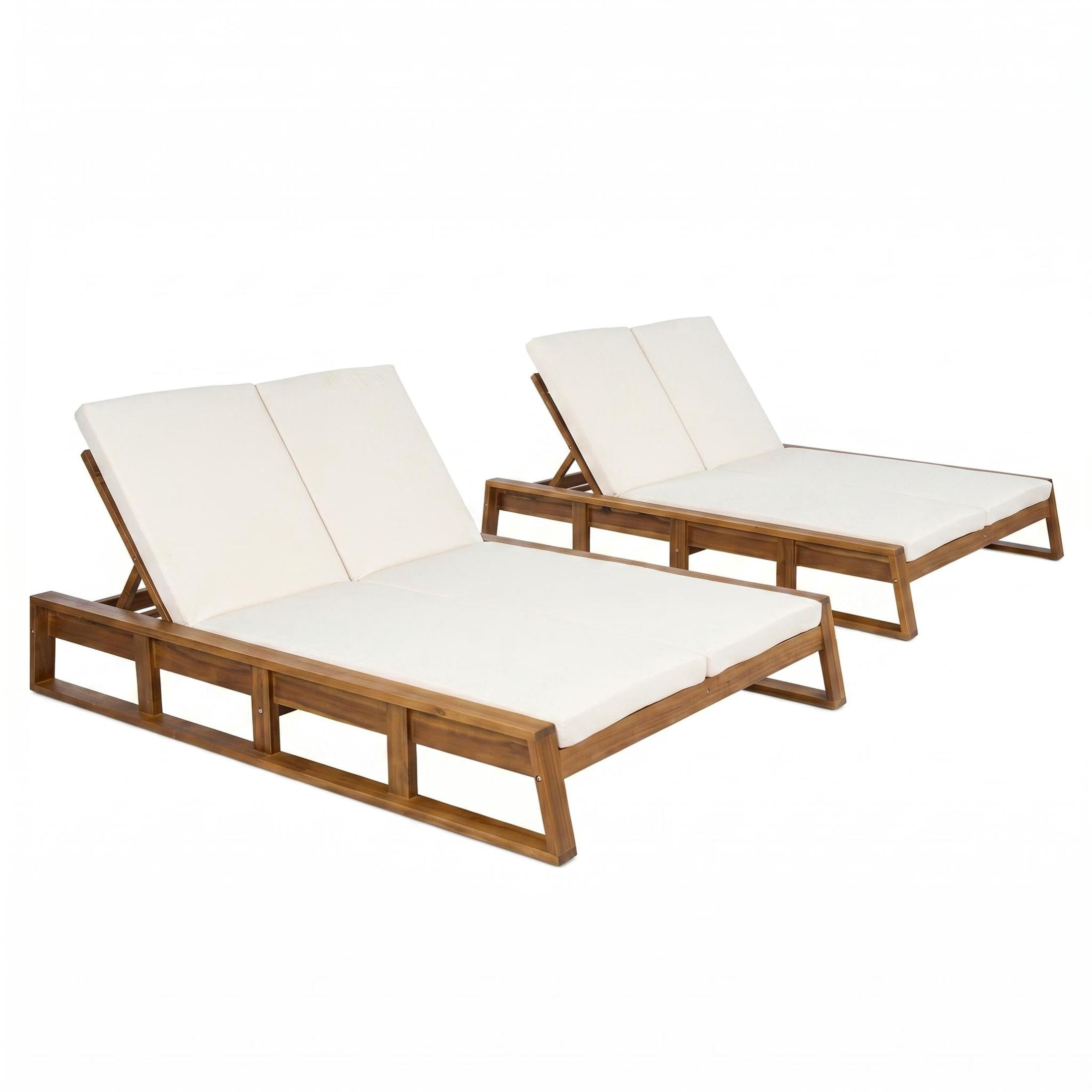Christopher Knight Home Outdoor Double Chaise Lounges with Adjustable Backrests, Set of 2, Natural + Beige