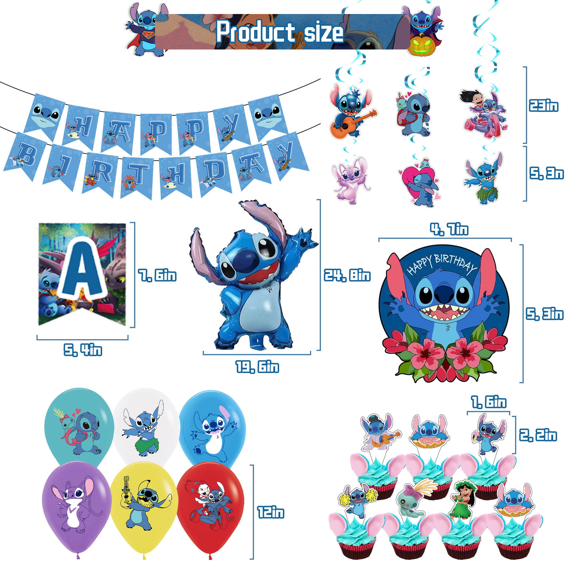 Lilo and Stitch Party Supplies, 103PCS Birthday Decorations Set Include  Banner, Balloons, Stickers, Hanging Swirls, Cake Cupcake Toppers,  Tablecloth