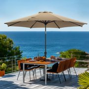 9 FT Patio Umbrellas Outdoor Table Market Umbrella with Push Button Tilt/Crank, 8 Sturdy Ribs, Fade Resistant Waterproof POLYESTER DTY Canopy for Garden, Lawn, Deck, Backyard & Pool, Tan