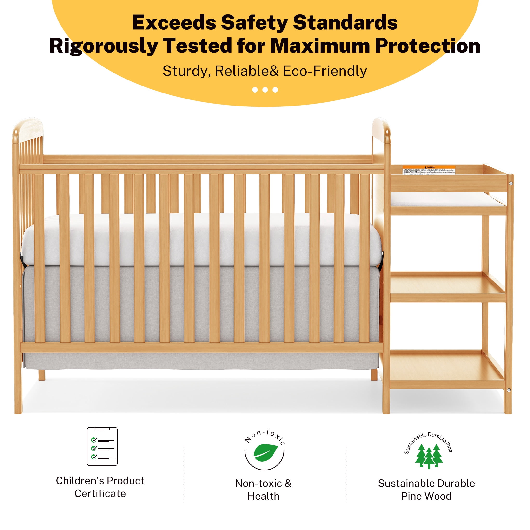 Conchico 3-In-1 Convertible Crib and Detachable Changer, New Zealand Pinewood Baby Crib, Toddler Daybed Bed with 3 Heights, Non-Toxic Finish, Easy to Assemble, Natural