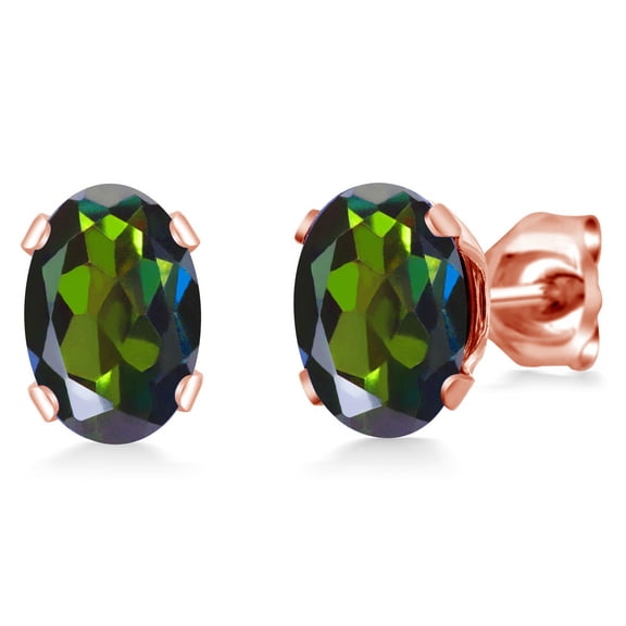 Gem Stone King 1.60 Ct Oval 7x5mm Green Mystic Topaz Brass Rose Gold Plated Brass Stud Earrings for Women Men