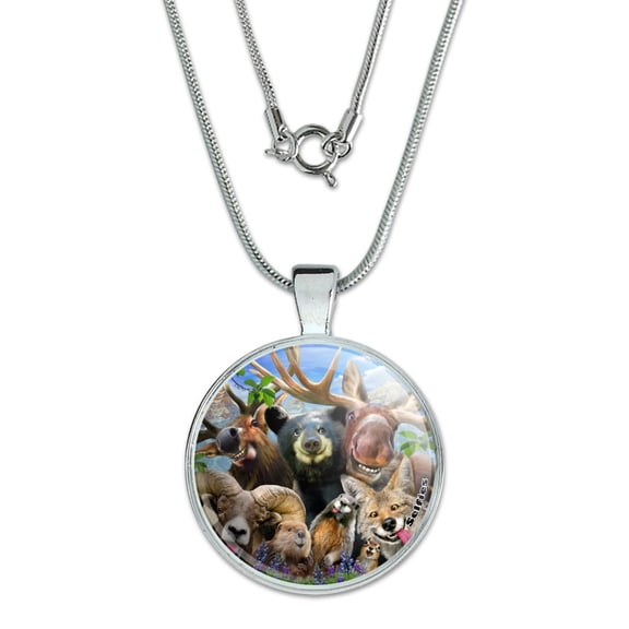 Rocky Mountain Animals Selfie Bear Moose Elk Ram Beaver Fox 1" Pendant with Sterling Silver Plated Chain