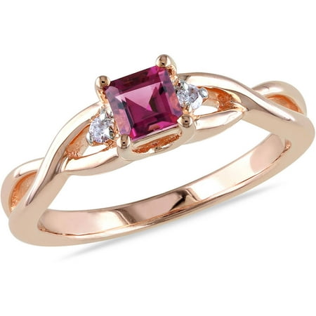 1/3 Carat T.G.W. Square-Cut Pink Tourmaline and Diamond Accent Pink Rhodium over Sterling Silver Cross-Over Ring