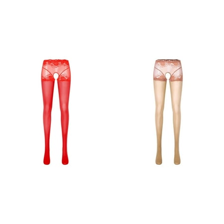 Lojoutye 2 Pack(Red 1PCS & Coffee 1PCS) Multipack with Garter Belt and Stockings Womens Oil Glossy Crotchless Womens Pantyhose Stockings Stretchy Tights Sports Lingerie