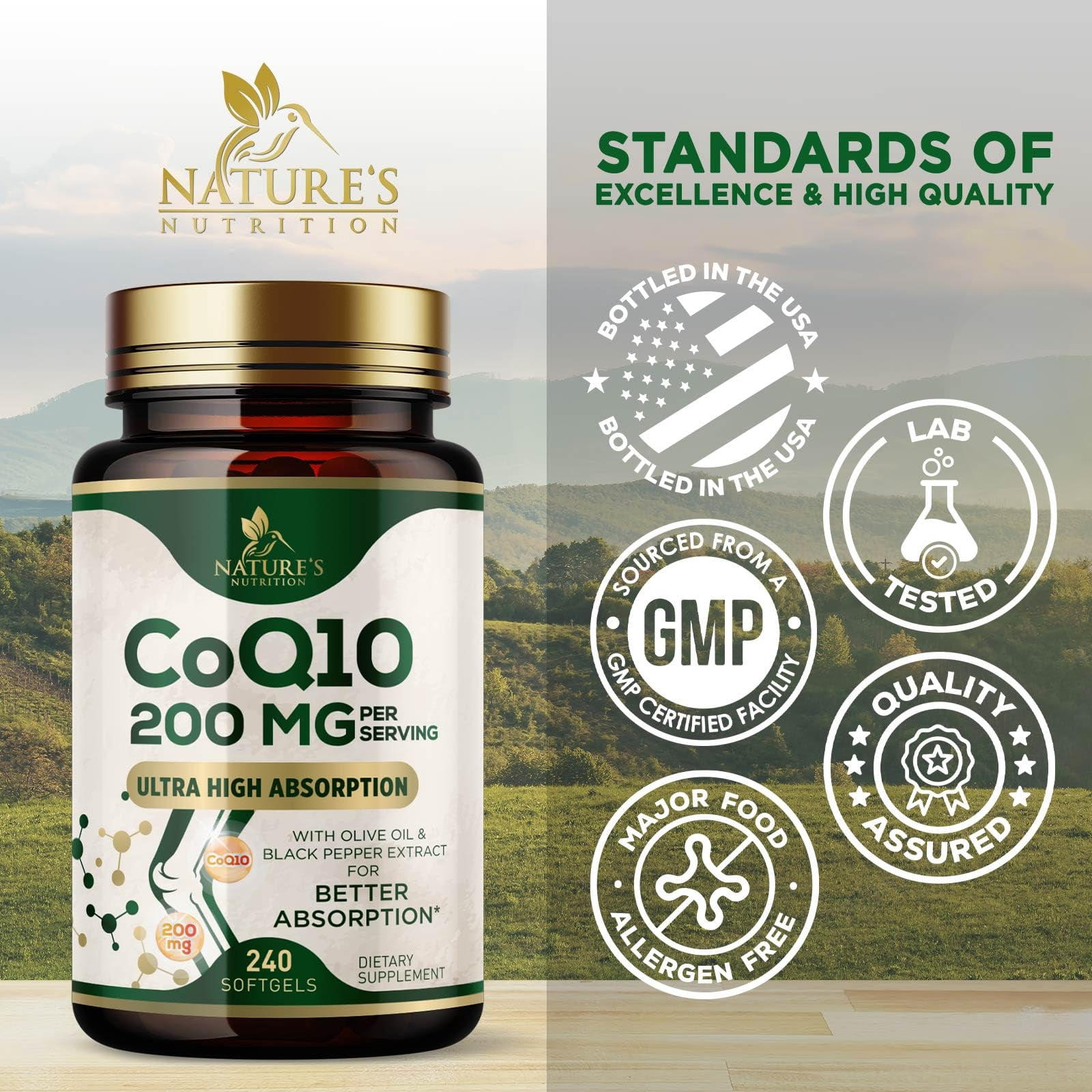 CoQ10 Softgels - Coenzyme Q10 200mg Per Serving - Extra Strength Coenzyme Q10 Supplement - Piperine for Enhanced Absorption - CoQ10 Antioxidant for Heart Health Support - Bottled in USA, 240 Softgels