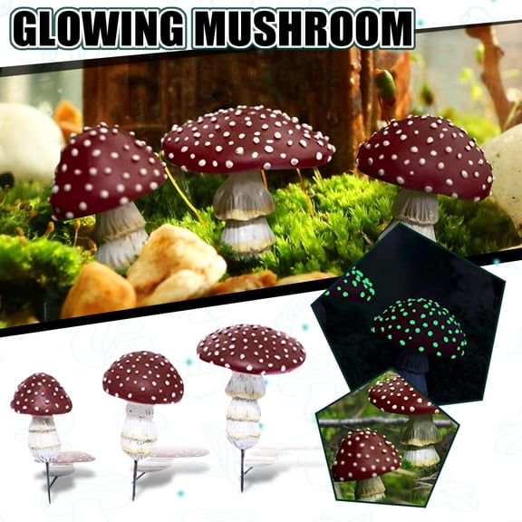 3-Pack Red Glow-in-The-Dark Mushroom Figurines, Waterproof Resin Miniature Statues with Landscaping Stakes, Garden decorations Outdoor for Fairy Gardens, Patios, Yard Landscaping