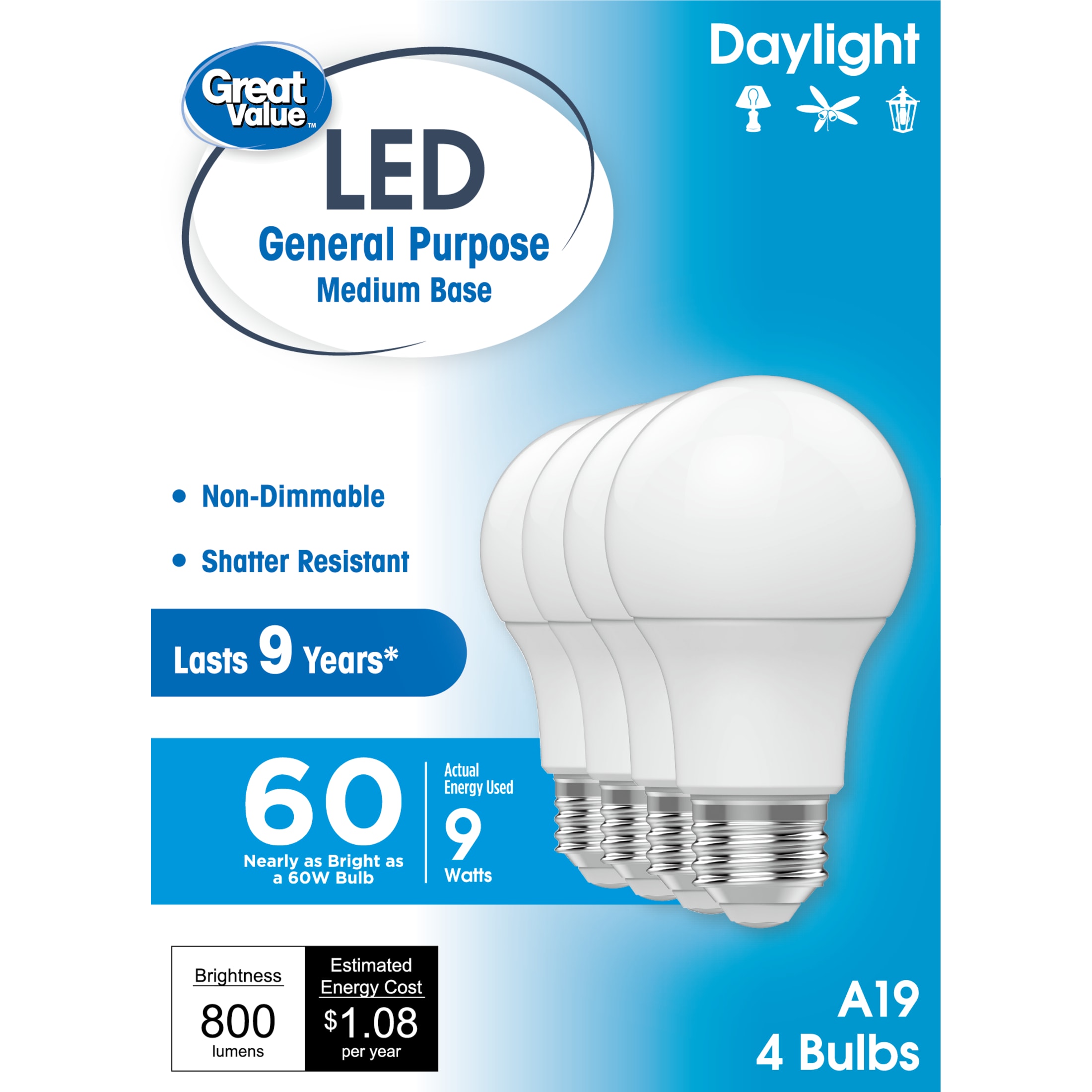 Great Value LED Light Bulbs 60W Daylight A19 4-Pack photo 1