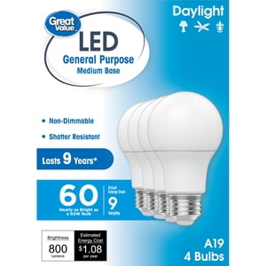 Great Value LED Light Bulbs 60W Daylight A19 4-Pack
