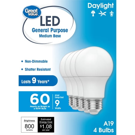 Great Value LED Light Bulbs 60W Daylight A19 4-Pack