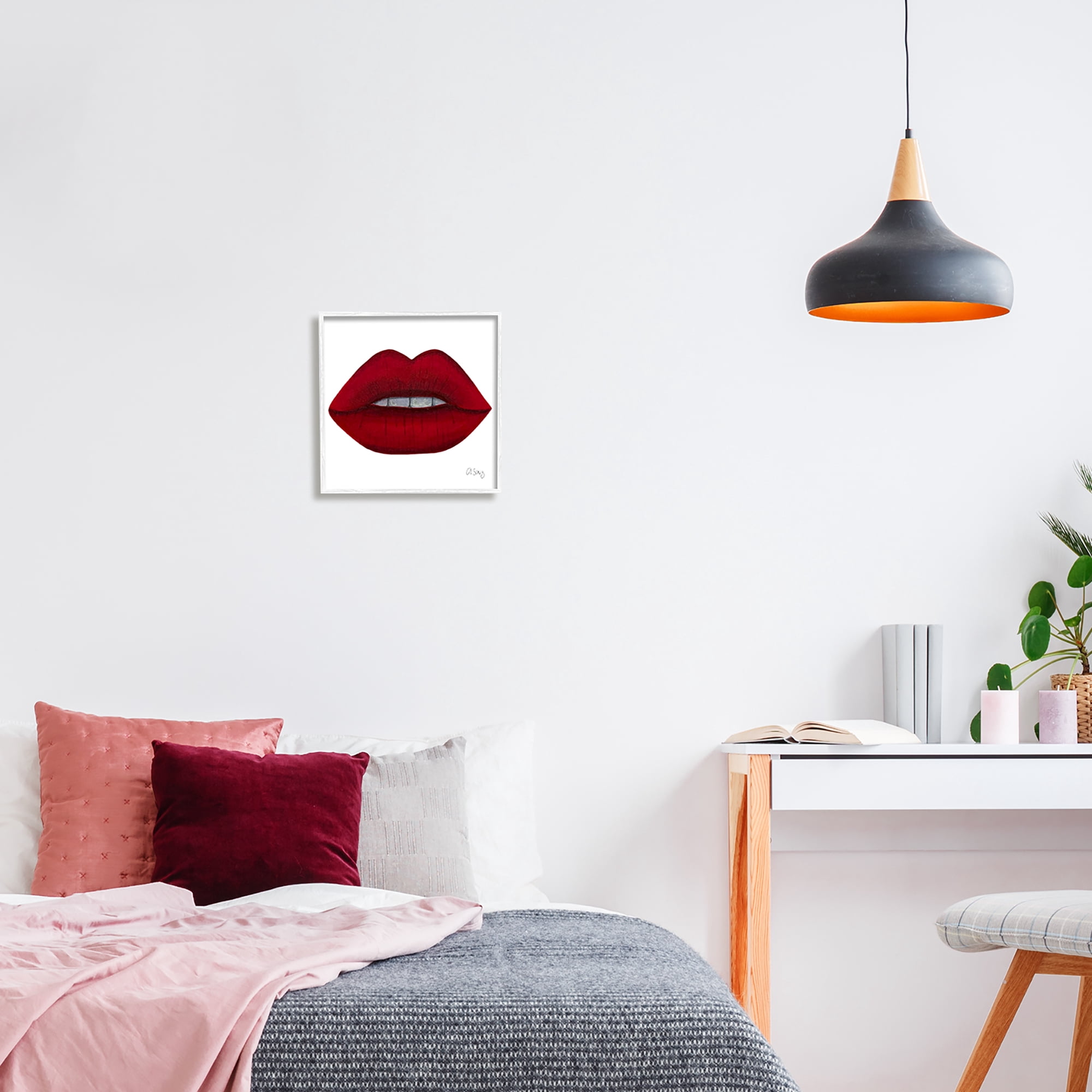 Stupell Industries Red Lips on White Beauty & Fashion Painting White Framed Art Print Wall Art, 12 x 12