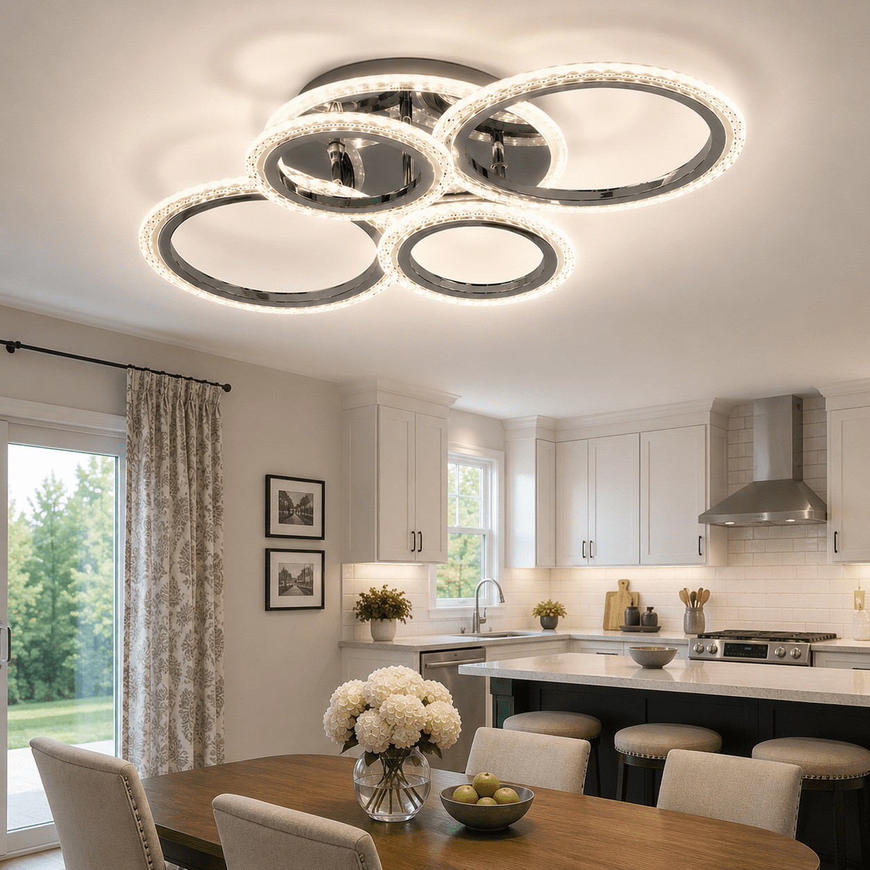 Garwarm Chrome 6-Ring LED Ceiling Light, Modern Dimmable 3000K-6500K Flush Mount Ceiling Light with Remote, Acrylic Ring Ceiling Lamp Fixture for Living Room, Dining Room, Bedroom