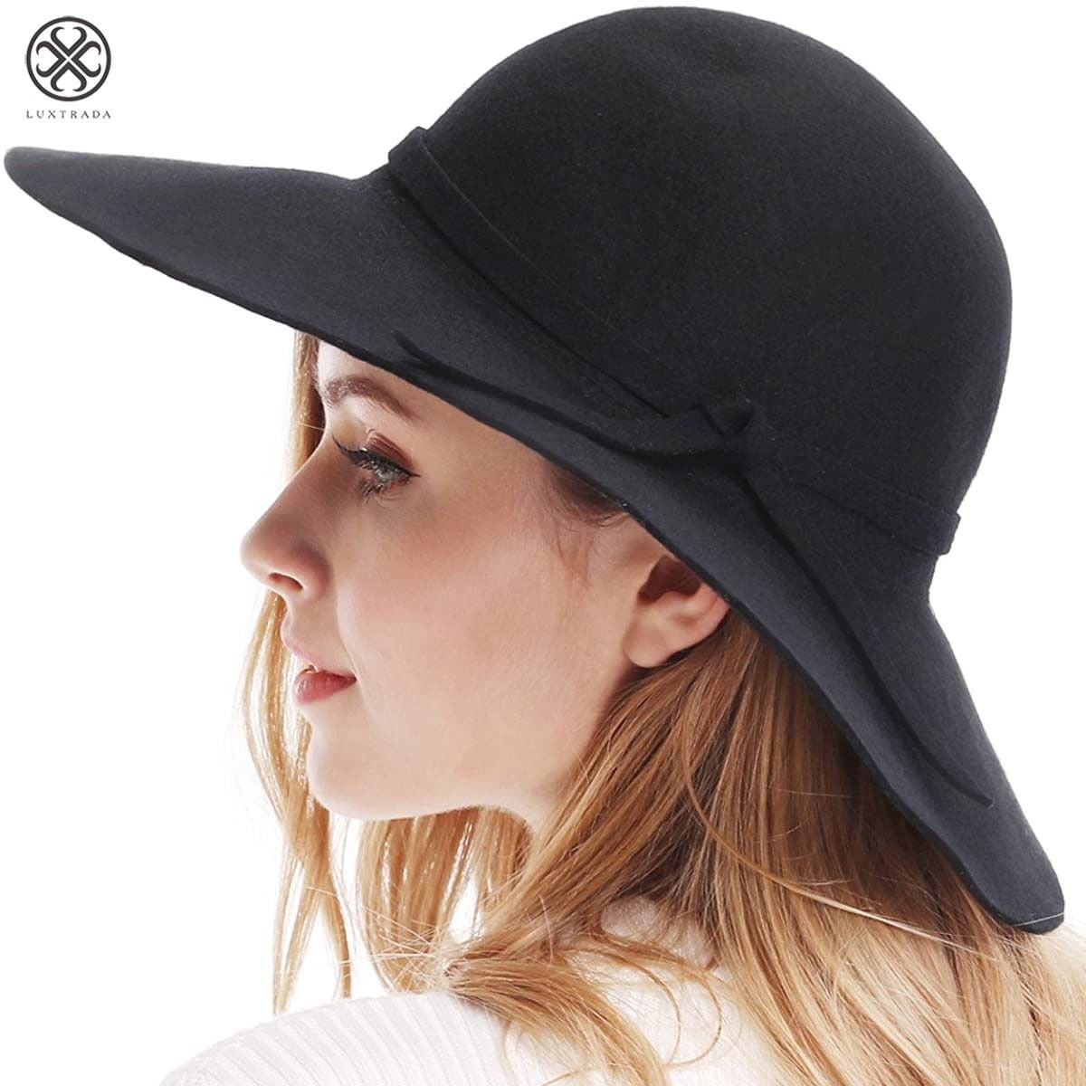 Women\'s Wide Brim Fedora Floppy Hat Wool Felt Black 22\