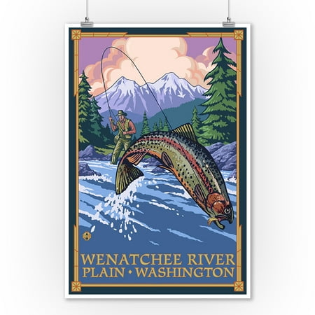 Fly Fishing Trout Prints - Plain, Washington - Angler Fly Fishing Scene (Leaping Trout) - Lantern Press Poster (9x12 Art Print, Wall Decor Travel Poster)