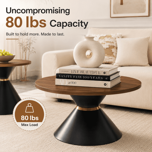 2-Piece Round Nesting Coffee Table Set, Walnut Wood Grain Tabletop with Metal Base, Mid-Century Modern Accent Tables for Living Room Bedroom, Walnut + Black