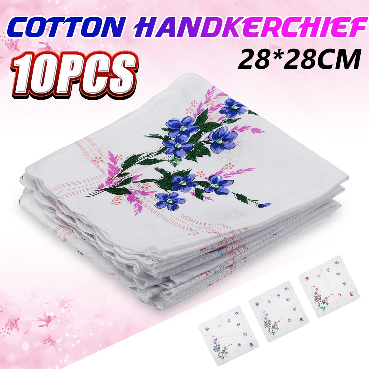 10Pcs Lady Child 100% Cotton Flower Vintage Handkerchiefs Quadrate Hankies 