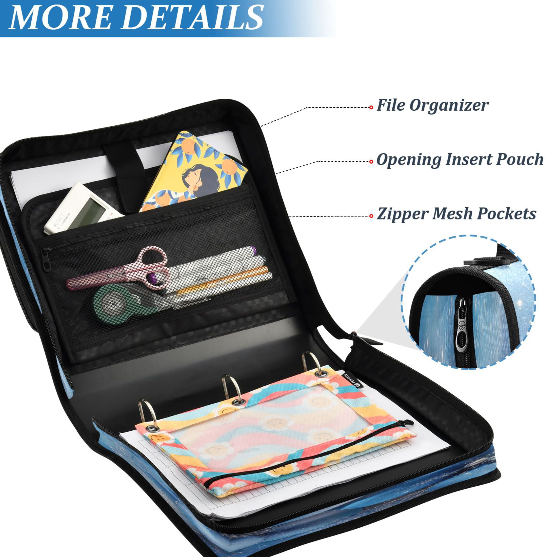 Water-Resistant 3-Ring Binder Organizer with Multiple Pockets Zipper Binder Bag for Office Three Large Blue Flowers
