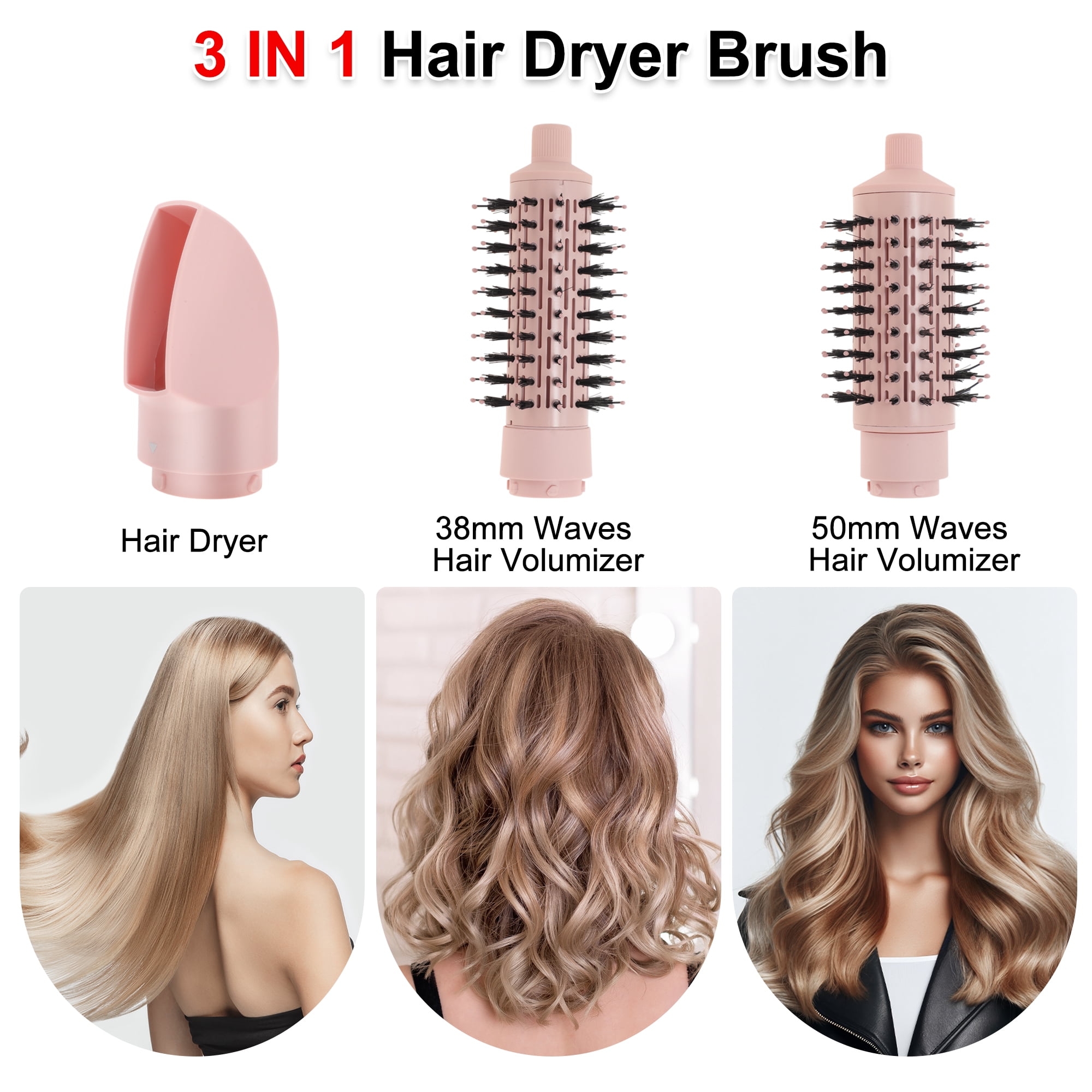Unique Bargains 3 in 1 Air Styler Hot Air Rotating Blow Dryer Brush with Auto Curling Function Lightweight Hair Dryer & Volumizing Brush Pink