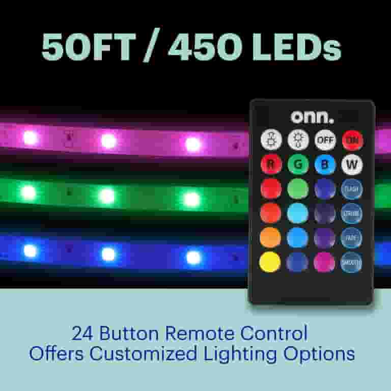 onn. Multicolor LED Light Strip 50ft, Indoor Television Accent Light, Remote Control