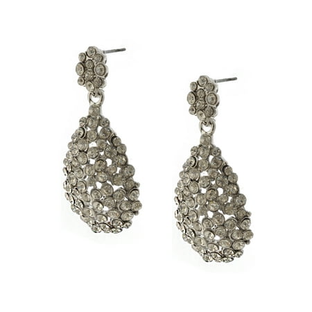 Around Crystal - Rhodium Crystal Rhinestones around Crystal Oval Shapes Dangle Earrings