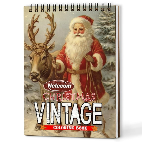 Netecom Vintage Christmas Coloring Book Spiral Bound for Adults, A5 Wooden Cover, 30 Charming Coloring Pages of Retro Christmas Decorations for Stress Relief and Relaxation