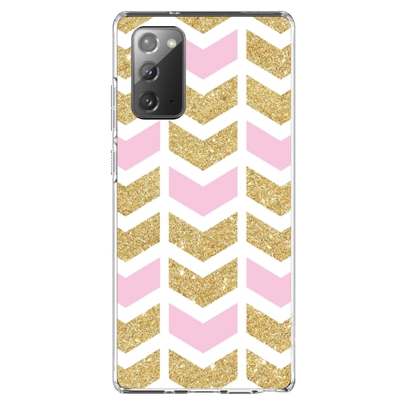 DistinctInk Clear Shockproof Hybrid Case for Samsung Galaxy Note 20 (6.7" Screen) - TPU Bumper, Acrylic Back, Tempered Glass Screen Protector - Pink & Gold Print - Random Chevron Pattern