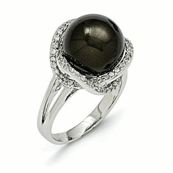 Sterling Silver Majestik Rh-pl 12-13mm Blk Imitation Shell Pearl & CZ Ring Size 7