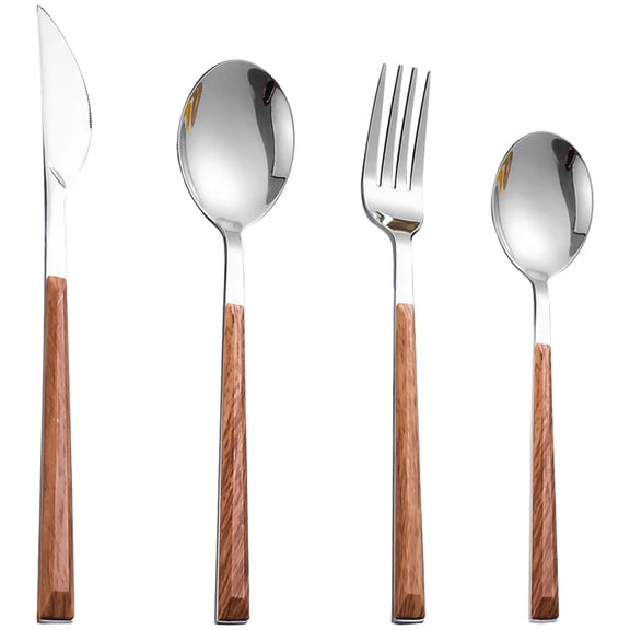 Flatware Set, Retro Teak Wood Handle, Excellent Stainless Steel Silverware Set, Including Dinner Knives, Spoons, and Forks, Outdoor Living Flatware Set