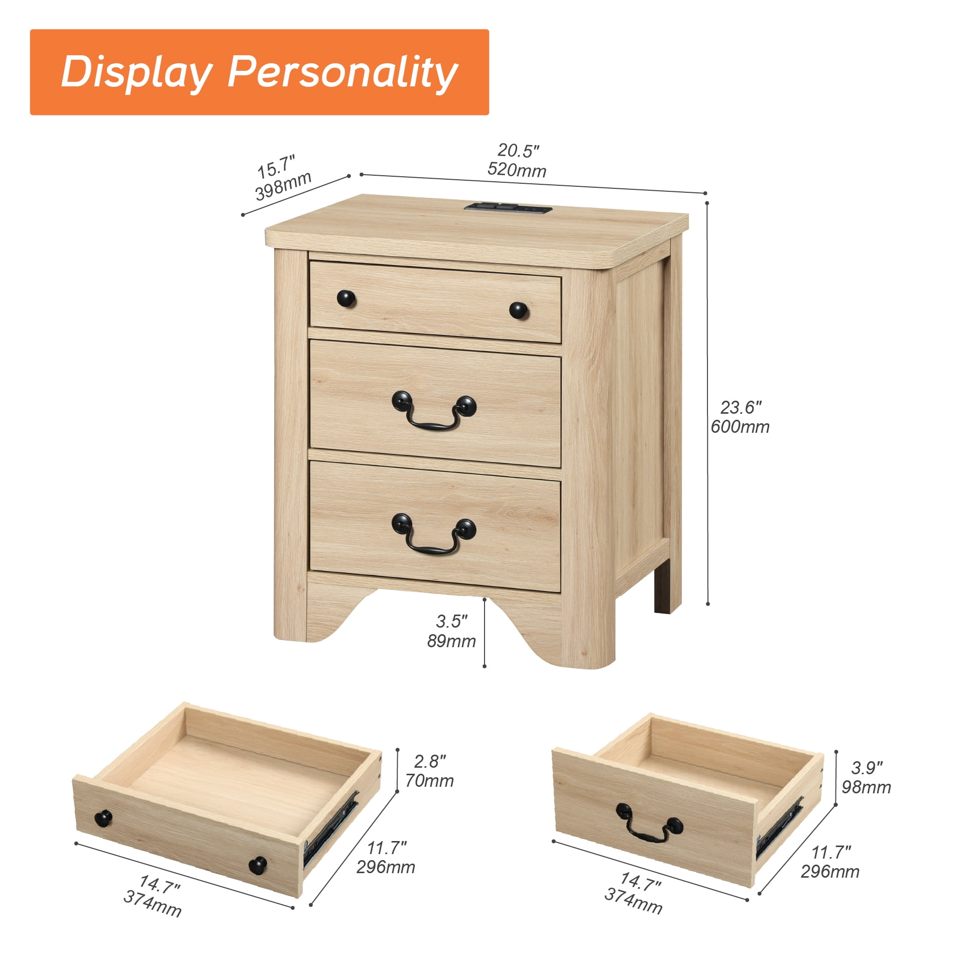 Farmhouse Nightstand with Charging Station, 3-Drawer Night stand, Wood End Table for Bedroom, Oak