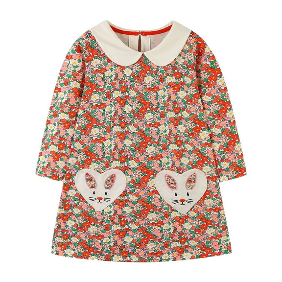 Odeerbi Girls Floral Dress Toddler Girls Clothes 2025 Casual Spring Fall Winter Cotton Long Sleeves T-shirt Dress Clothes Red 2-3 Years