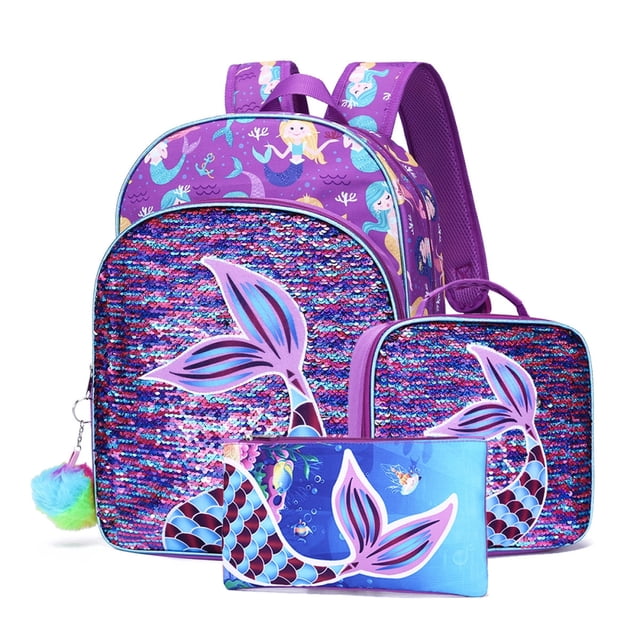 Conjunto de mochilas para niños 3 en 1, mochila con lentejuelas de sirena para niñas, con bolsa para el almuerzo, estuche para lápices para la escuela, viajes al aire libre, Camping, Picnic