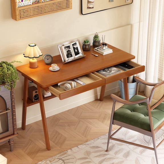 BESKADI Solid Wood Desk with Drawers - 47.2 Inch Mid Century Modern Desks, Writing Desk with Storage Shelf, Home Office Desks for Bedroom & Home, Walnut Color