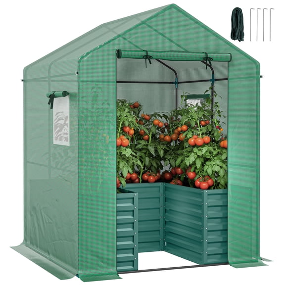 Greenhouse with Raised Garden Bed, Galvanized Steel Outdoor Greenhouse with Roll Up Door, 56" x 56" x 75", Green