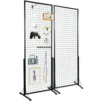 KFFKFF 2ft x 5.6ft Grid Wall Panel Tower, Dual Pack Wire Display Racks with T-Base Stand, Two-Sided Gridwall Panels for Art Exhibitions, Retail Showcasing with Additional Clips and Hooks