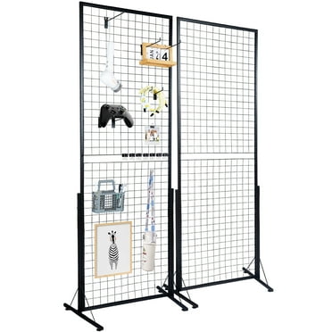 KFFKFF 2ft x 5.6ft Grid Wall Panel Tower, Dual Pack Wire Display Racks with T-Base Stand, Two-Sided Gridwall Panels for Art Exhibitions, Retail Showcasing with Additional Clips and Hooks