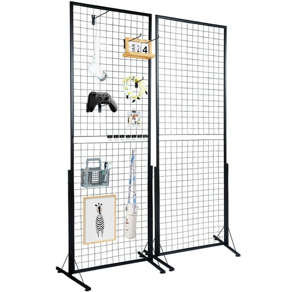 KFFKFF 2ft x 5.6ft Grid Wall Panel Tower, Dual Pack Wire Display Racks with T-Base Stand, Two-Sided Gridwall Panels for Art Exhibitions, Retail Showcasing with Additional Clips and Hooks