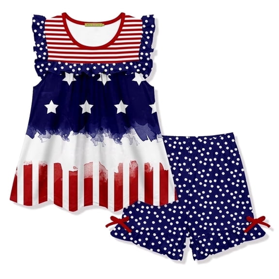 Millie Loves Lily Girls Red, White & Blue American Flag Patriotic Stars & Stripes Top & Short Set, Big Girls Size 8, 2-PCS
