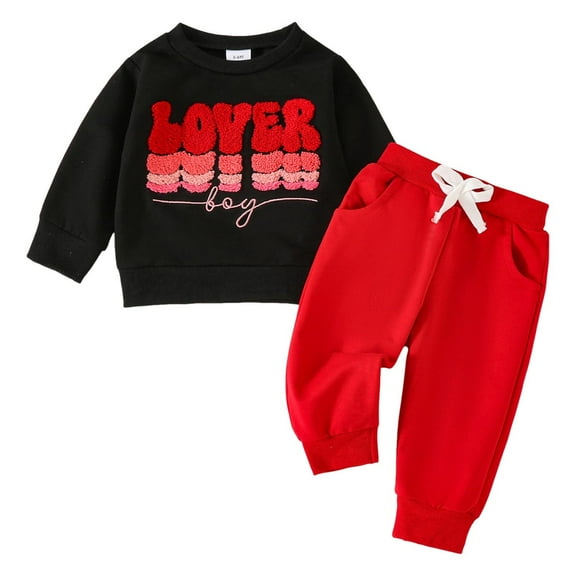 Gerichy Toddler Baby Boy Clothes Fall Winter Outfit, Baby Boy Valentines Day Outfits Letter Embroidery Crewneck Sweatshirt Pants Set Toddler Spring Clothes