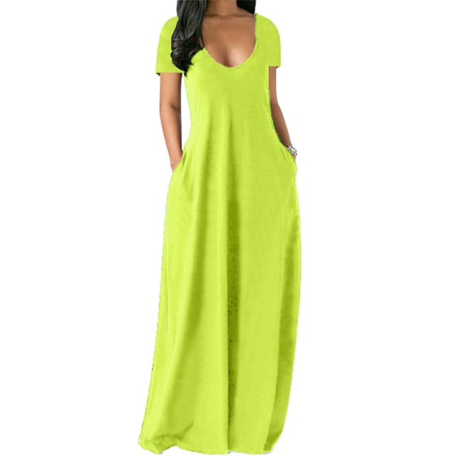 BJYX Maxi Robe Femmes Été Casual V-Cou Solide Longue Robe de Mode Poches Manches Courtes Femme en Vrac Plus la Robe de Taille