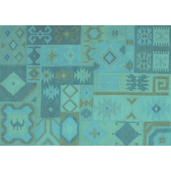 Ahgly Company Machine Washable Indoor Rectangle Patchwork Turquoise Blue Transitional Area Rugs, 7' x 9'