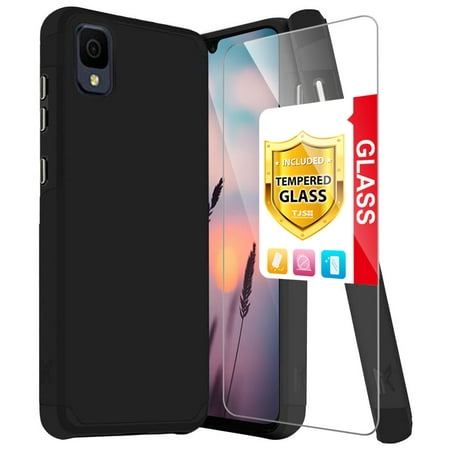 TJS for TCL 30 Z (T602DL) | TCL 30 LE Phone Case, with Tempered Glass Screen Protector, Dual Layer Shockproof Drop Protection Cover Impact Case for Alcatel TCL 30Z / TCL 30LE (Black)