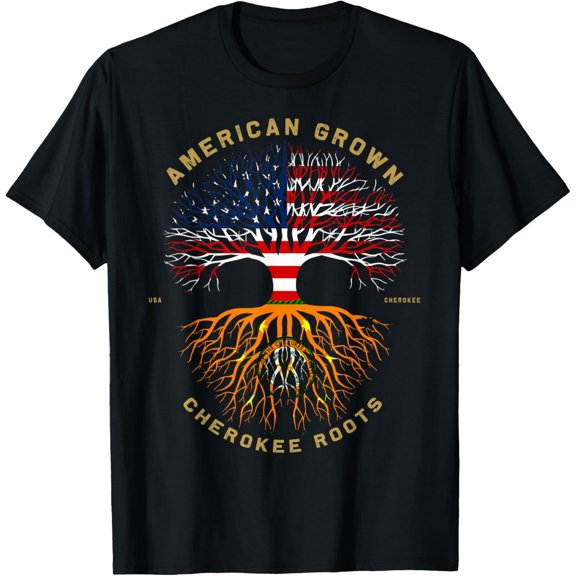 American Grown With Cherokee Roots Tree USA Flag T-ShirtMen's and women's gift, black and white T-shirt, size: Extra large S-4XL