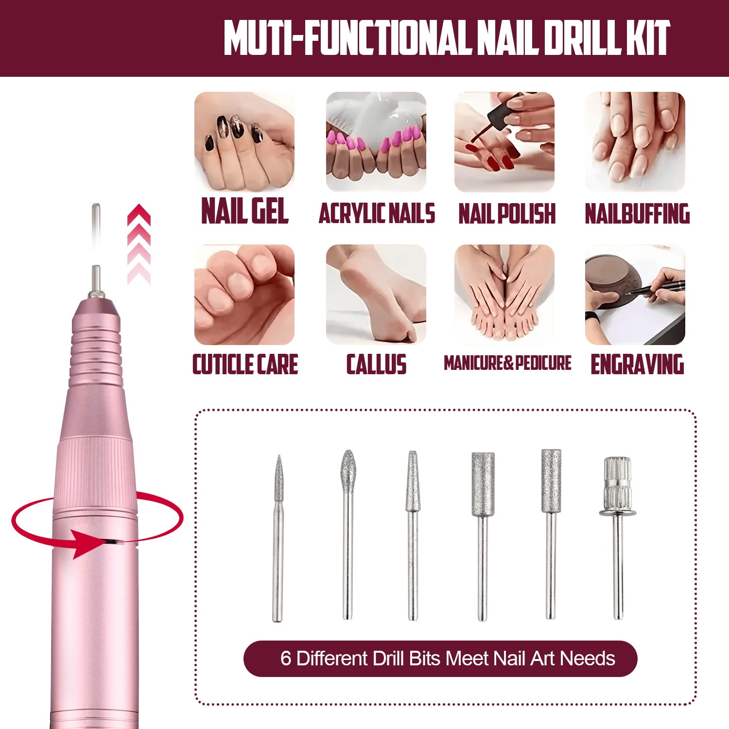 ASKITO 45000RPM Portable Nail Drill Electric File, Cordless Nail Drill with Bits & Base, Professional Rechargeable Nail E File Machine for Shaping, Removing & Polishing Gel Nails, Pink