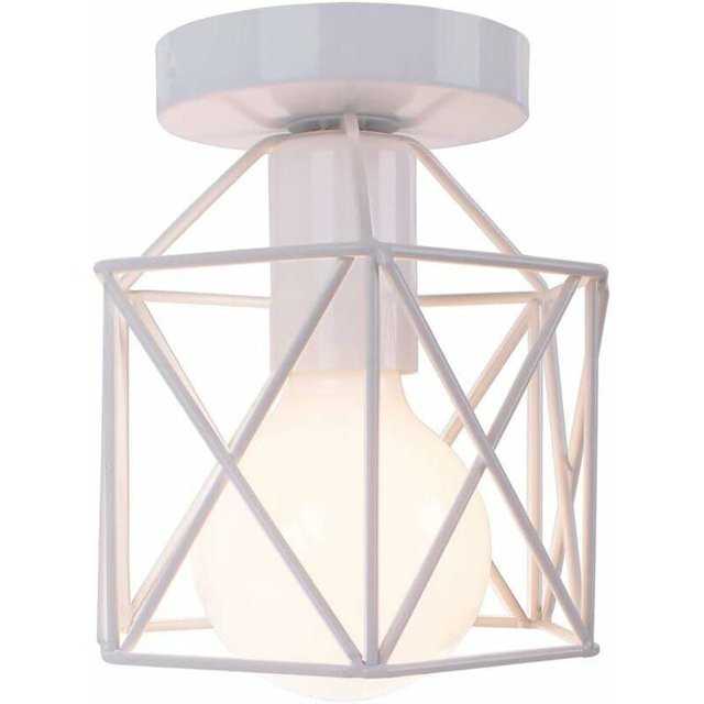Retro Industrial Metal Square Iron Ceiling Light, Cube Cage Pendant Lamp E27 for Living Room Bedroom Cafe Bar Restaurant Entrance Hallway (White)