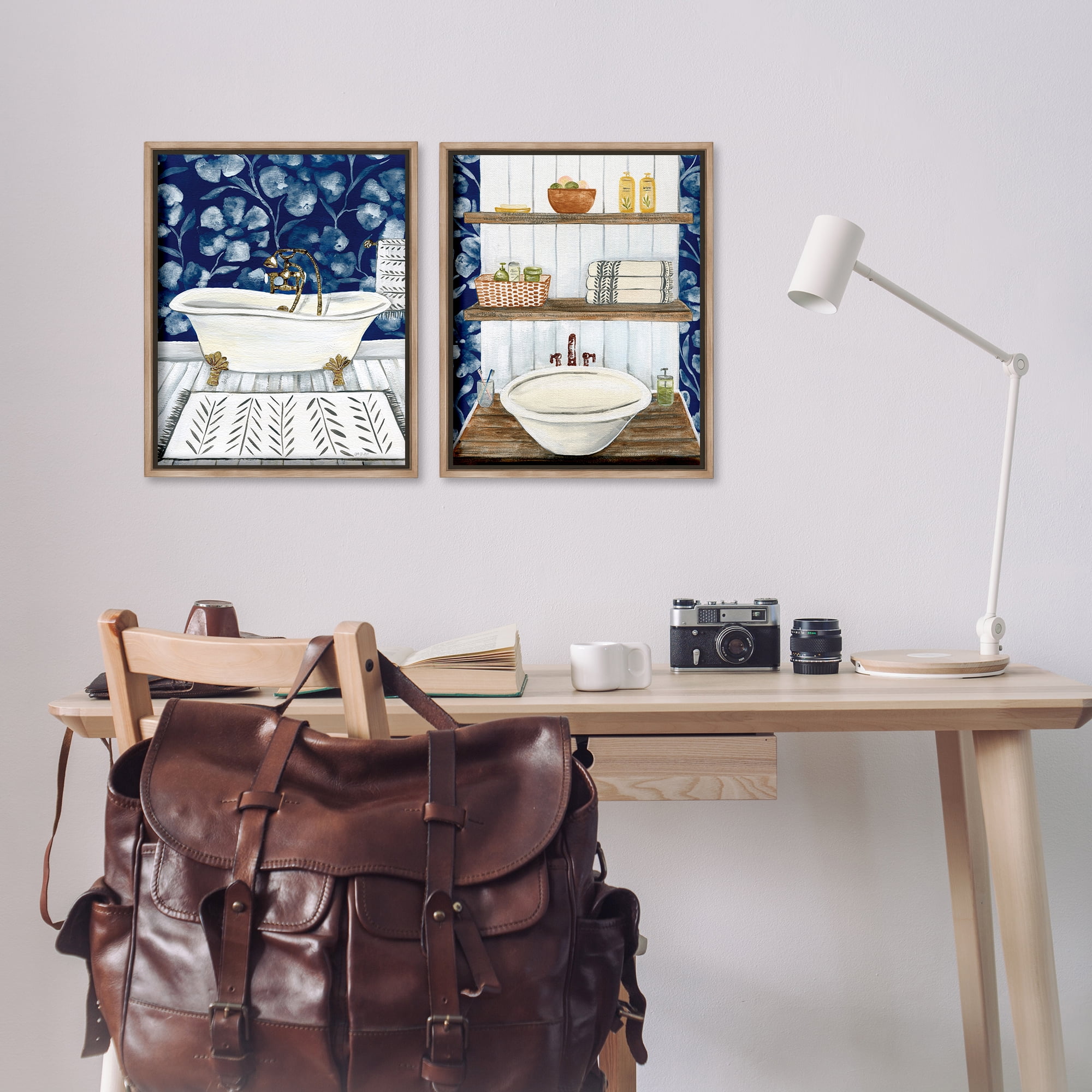 Stupell Industries Bold Painted Farmhouse Bathroom Bath & Laundry Painting Brown Floater Framed Canvas Art Print Wall Art, 17 x 21, Set of 2