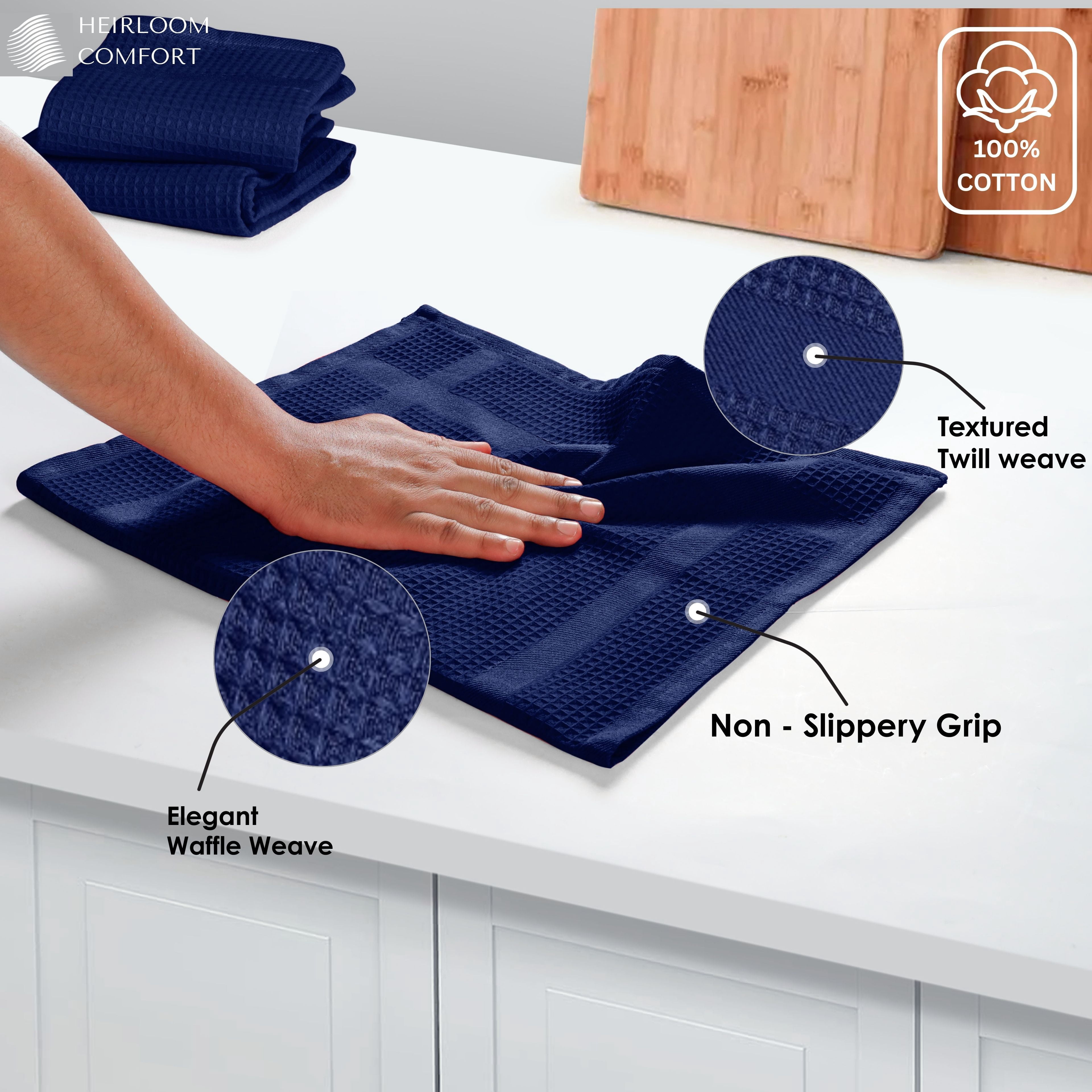 HEIRLOOM COMFORT 12 Pack Blue Waffle Weave Kitchen Towels, 16x26 Inches, 100% Cotton Dishcloth Set, Super Absorbent, Quick Dry, Soft Hand Towels for Drying Dishes, Cleaning, Durable, Indigo Blue