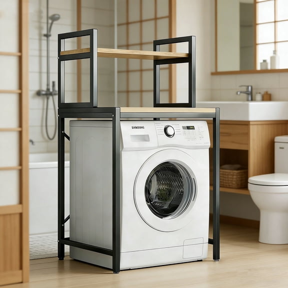 Space-Saving Washing Machine Shelf, Over Washer Shelf with Open Storage, Heavy-Duty Over Washer and Dryer Storage Rack for Laundry Room, Available in Black and White