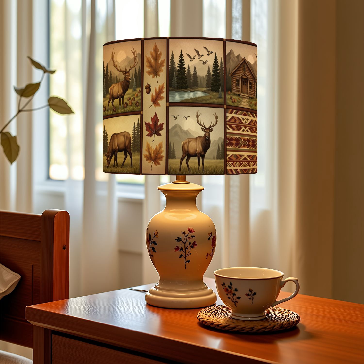 Rustic Linen Drum Lamp Shades Rustic Forest Wildlife Deer Maple Leaves Cabin Geometric 13" x 13" x 10" Lampshade for Table Lamps Floor Lamps Lamp Shade Replacement Easy Assembly Required